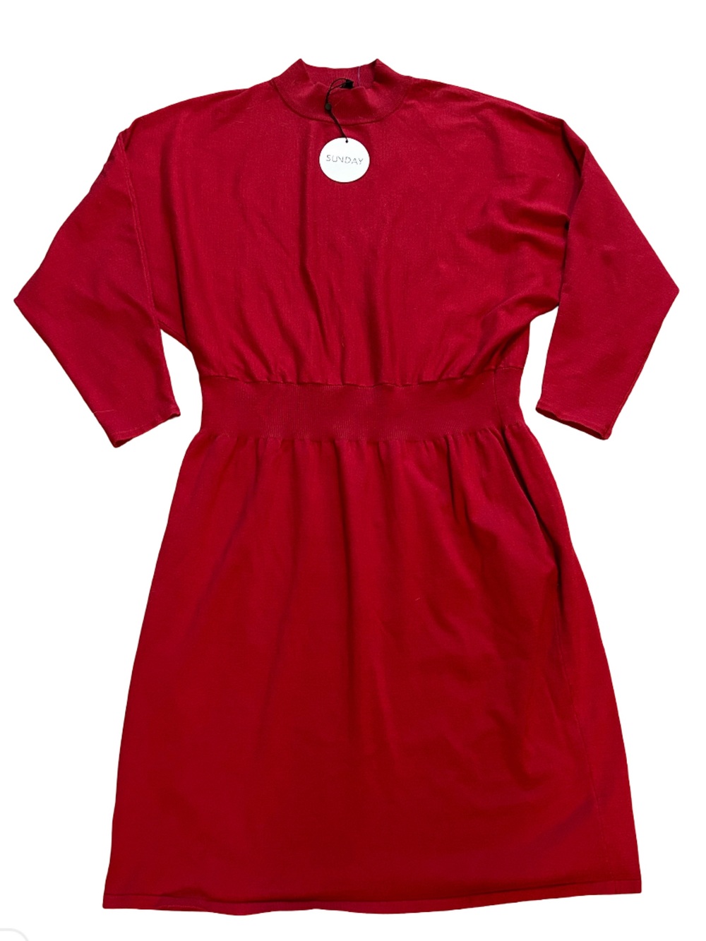 Sunday Crimson Red Mock Neck Comfy Knee Length Dress